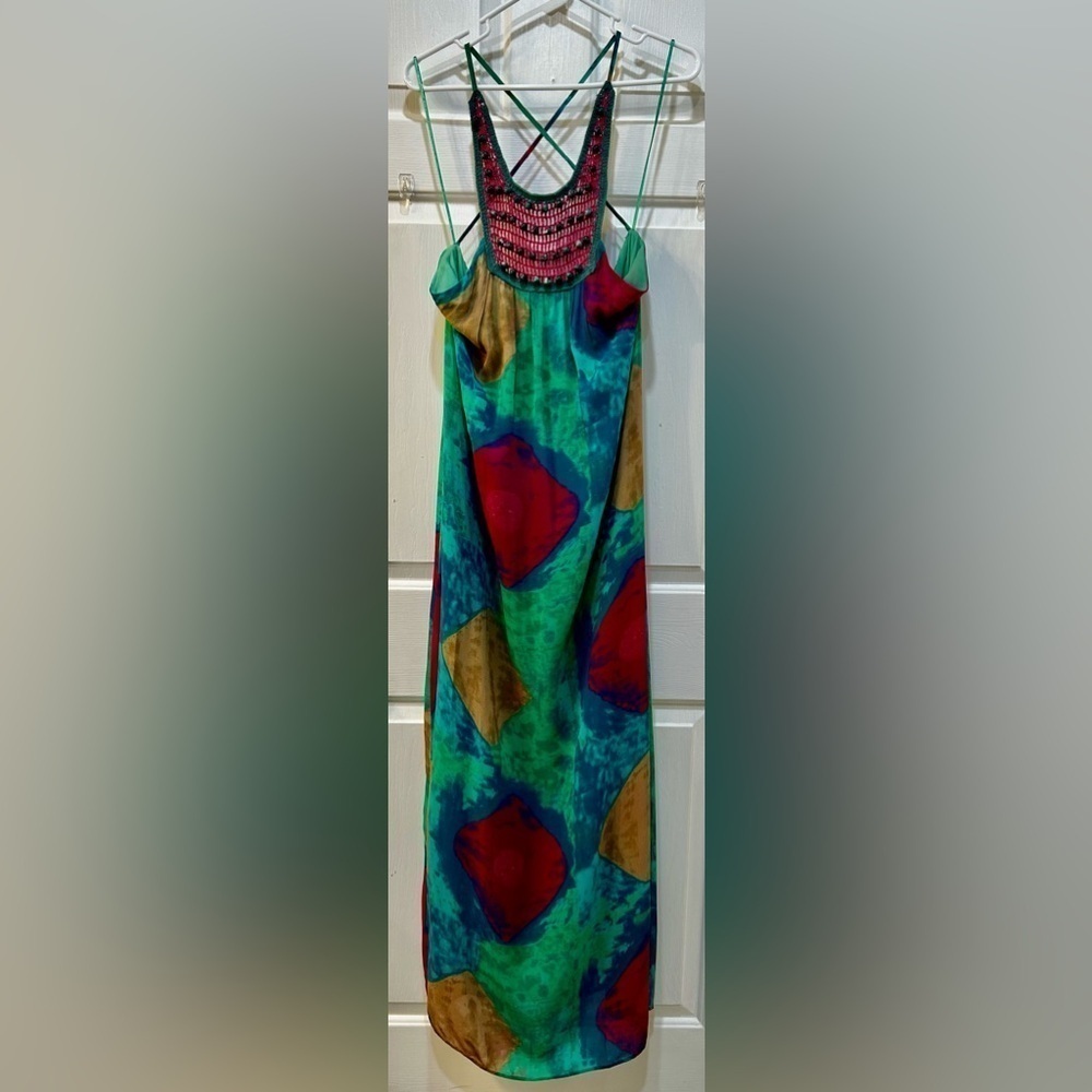 NWT Zara Beaded Halter Maxi Dress Sz M Bold‎ Watercolor Crochet Boho Free Spirit - Picture 2 of 12
